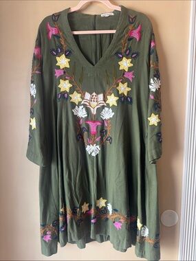 Roller Rabbit Olive Green Embroidered V-Neck Dress with Yellow & Pink Accents